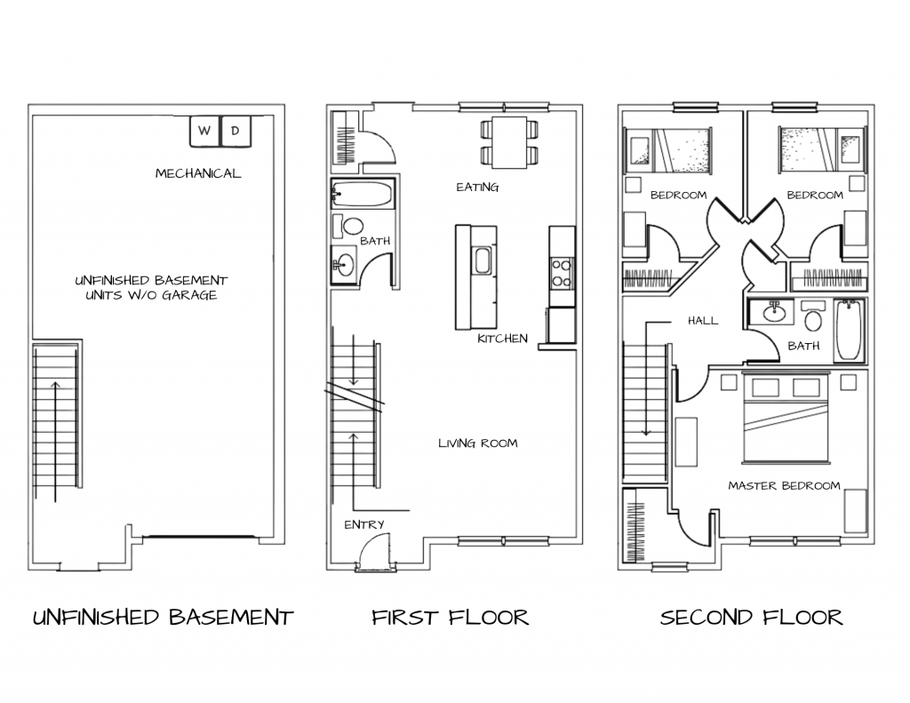 The Saddle Rock Way townhouse community offers three-bedroom, two full bathroom floor plans. This one shows an unfinished basement.