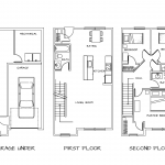 The Saddle Rock Way townhouse community offers three-bedroom, two full bathroom floor plans. This one shows a drive-under garage.