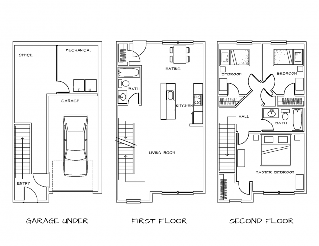 The Saddle Rock Way townhouse community offers three-bedroom, two full bathroom floor plans. This one shows a drive-under garage.