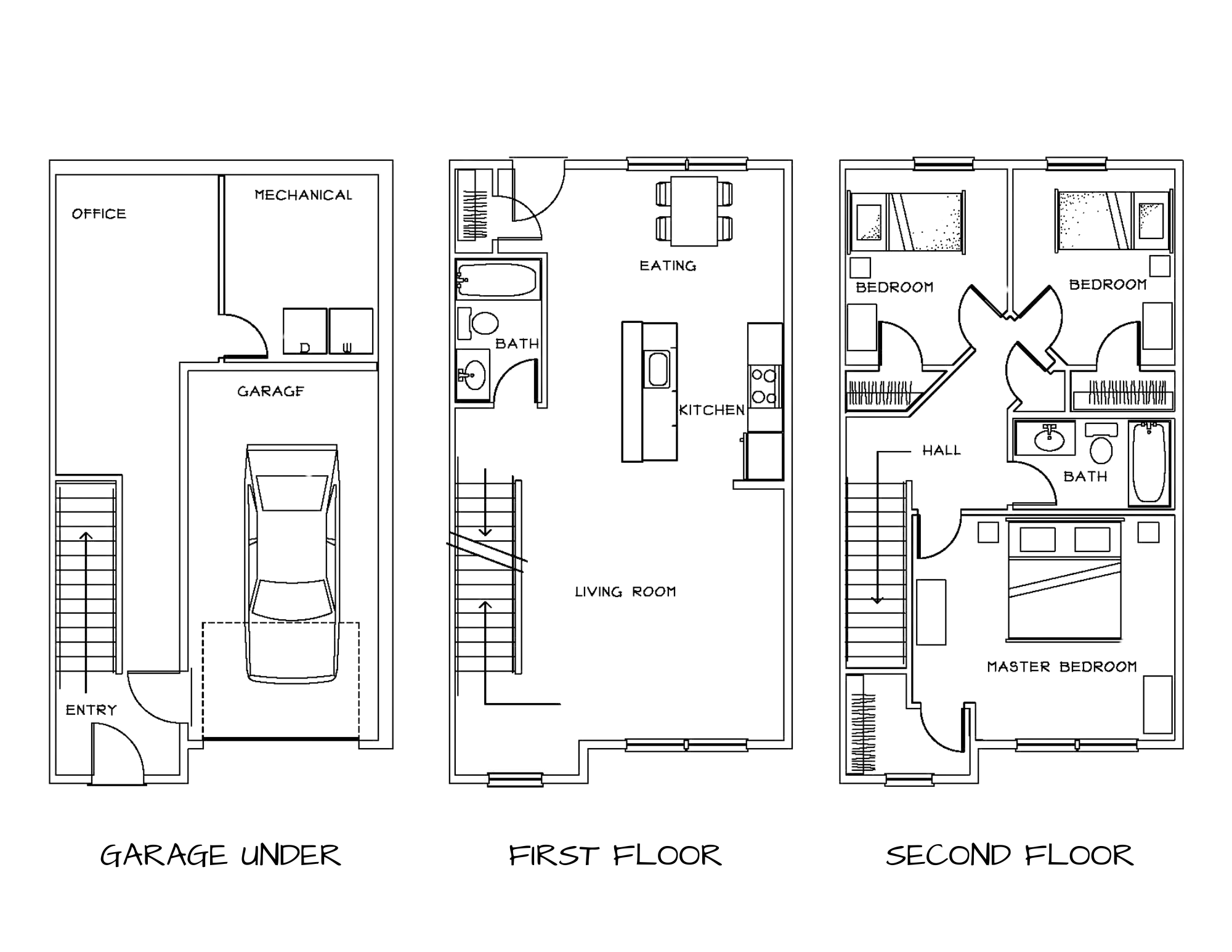 The Saddle Rock Way townhouse community offers three-bedroom, two full bathroom floor plans. This one shows a drive-under garage.